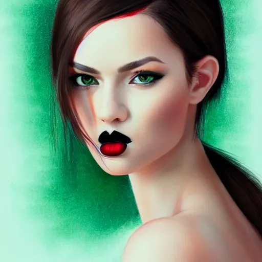 Image similar to a realistic illustration portrait of a beautiful cute girl with wavy black red hair, a pointy nose and, round chin black eyeliner, green eyes, trending on artstation, hyper - realistic lighting, intricate