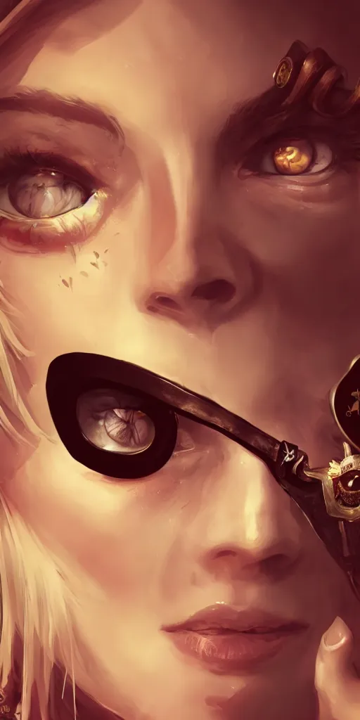 Prompt: Pirate Queen wearing an eyepatch, close-up, highly detailed, high quality, fantasy concept art, soft lighting