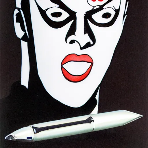 Prompt: a high quality product photo ad of klaus nomi with a technical reed rollerball pen exacto knife by junji ito, ethereal eel in the style of bauhaus