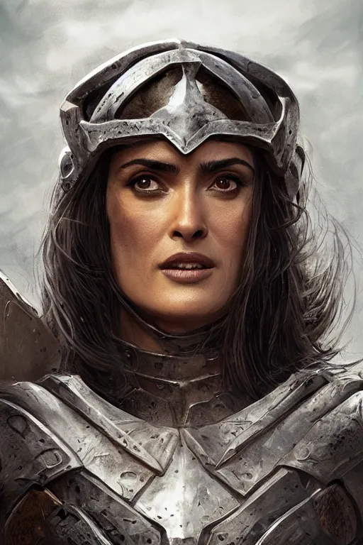 Image similar to portrait, Salma Hayek , barbarian , dressed in steel armor, face portrait, raphael lacoste, eddie mendoza, alex ross, concept art, matte painting, highly detailed, rule of thirds, dynamic lighting, cinematic, detailed, denoised, centred