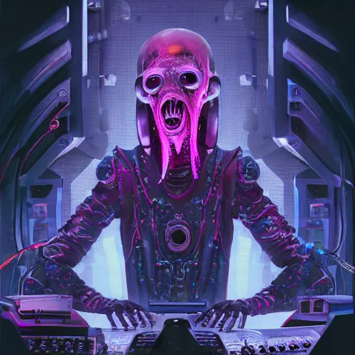 Prompt: cyberpunk undead lich ilithid mindflayer wearing headphones and playing synthesizers, D&D, laser lights, highly detailed, realistic, technology and magic,