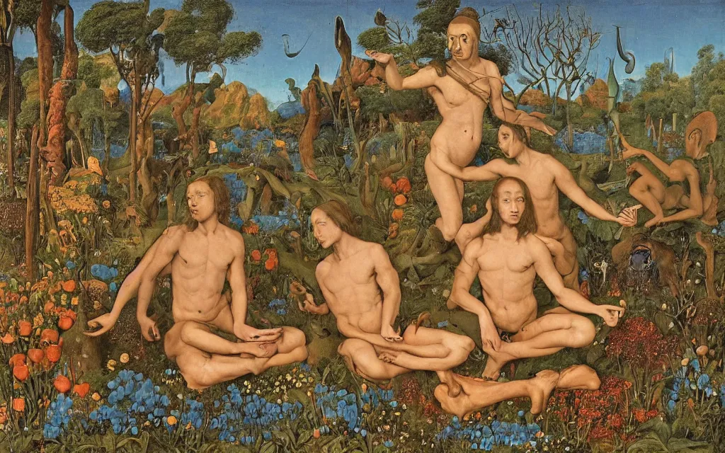 Image similar to a portrait photograph of a meditating satyr and a centaur monk riding a rocket machine and hunting at a river delta. surrounded by bulbous flowers and trees. mountain range under a blue sky of fiery stars. by jan van eyck, max ernst, ernst haeckel, ernst fuchs and artgerm, cgsociety, fashion editorial, 8 k