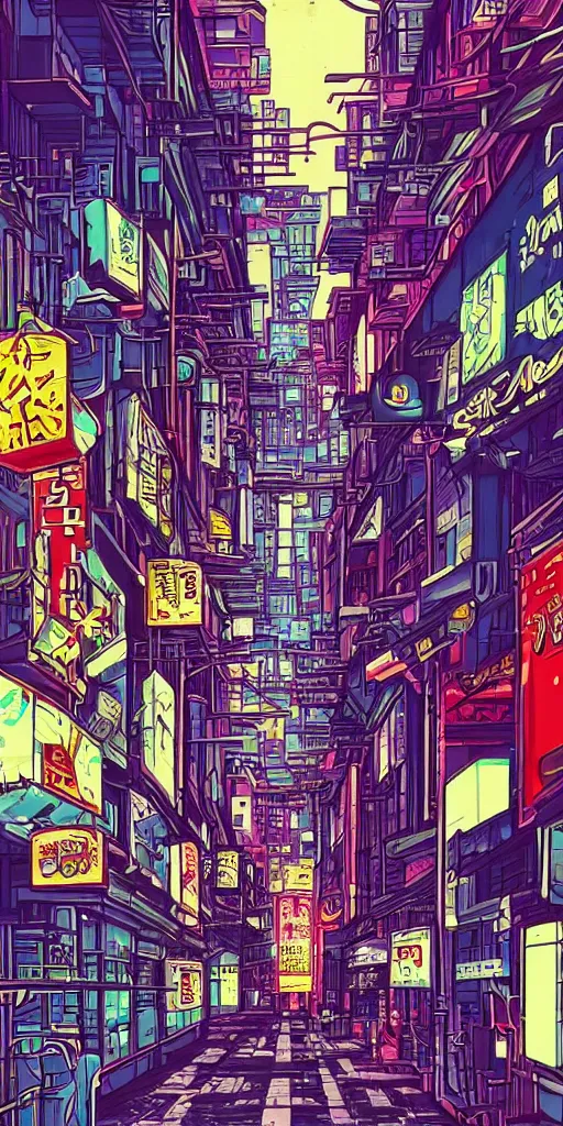 Prompt: an 80s anime busy alley scene, tall buildings, neon billboards, telephone wires, intricate details , trippy, dope