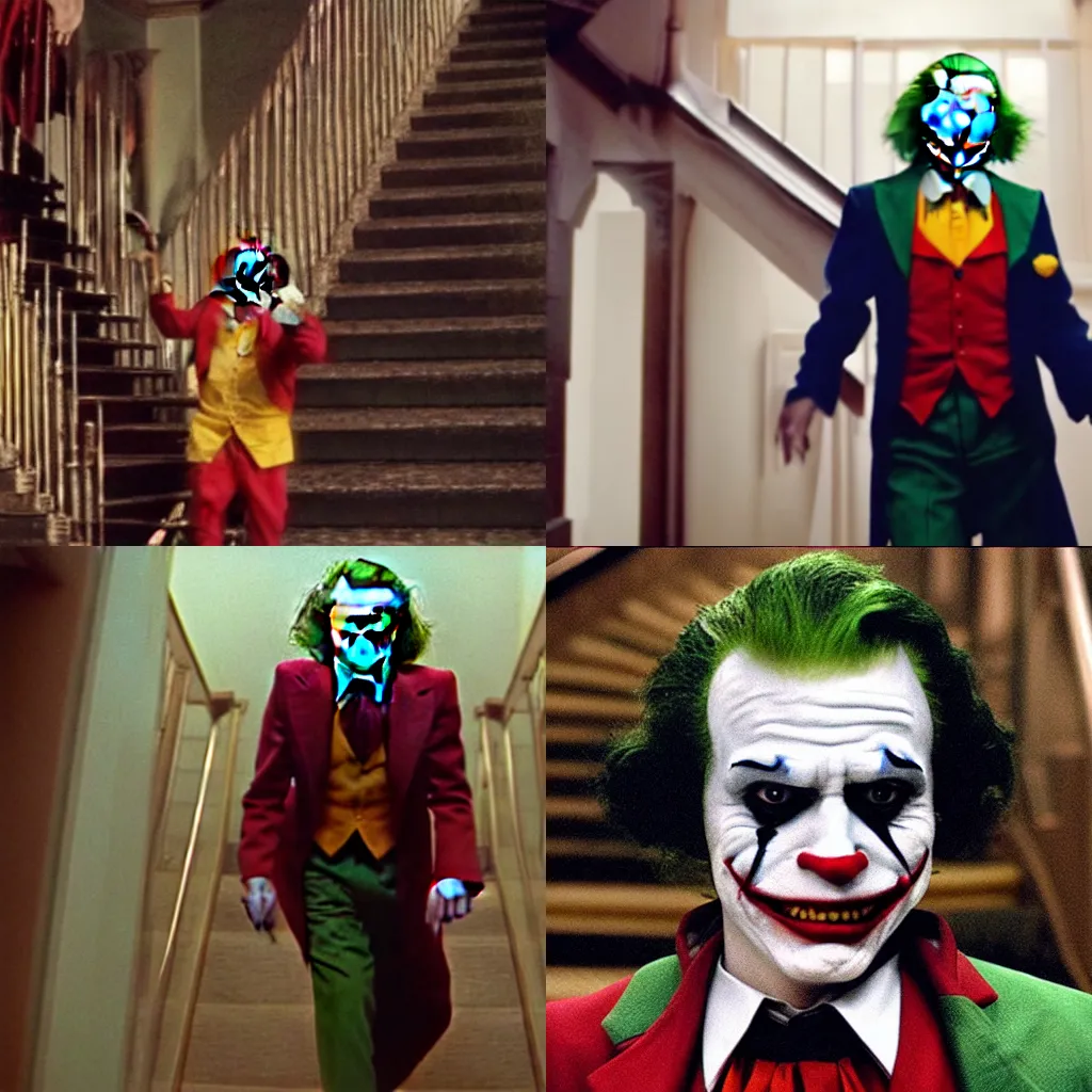Prompt: film still of ronald mcdonald as the joker walking down a staircase directed by martin scorsese