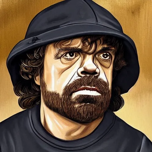 Prompt: Tyrion Lannister wearing a black baseball cap with a gold necklace that spells LEONIE, looking hiphop style painting