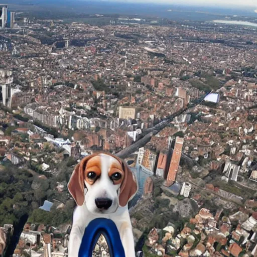 Prompt: gigantic 1 0 0 metres beagle walking over a city, epic scale