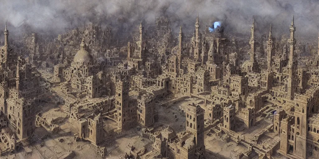 Image similar to a painting of epic fantasy islamic city by alan lee, trending on artstation