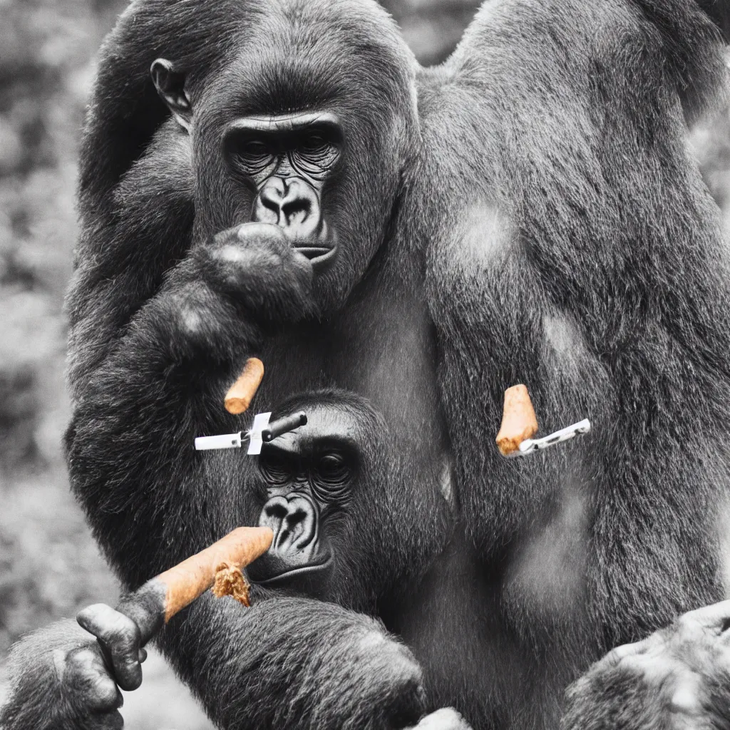 Image similar to gorilla smoking a cigar dragging a sledgehammer wearing tascam headphones