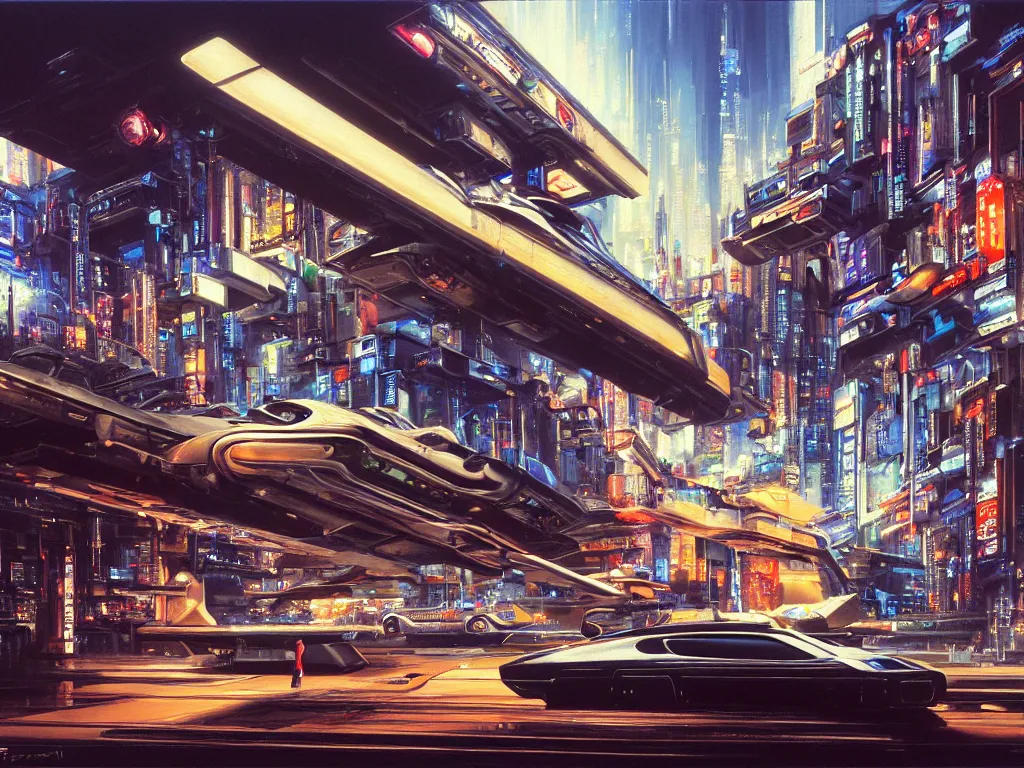 Prompt: hyperrealistic painting of a slice of life from a futuristic city, mechanical designs, futuristic vehicles, meticulous, night, cinematic, cyberpunk style, highly detailed!, intricate, meticulous, realism, acrylic on canvas, 8 k resolution, concept art, by noriyoshi ohrai, john berkey, george luks