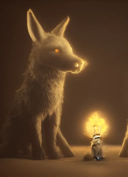 Image similar to A wolf in love with a rabbit, anime, detailed, symmetric lights and smoke, symmetrical composition, cinemática, hyper realism, 8k, octane render, 8k