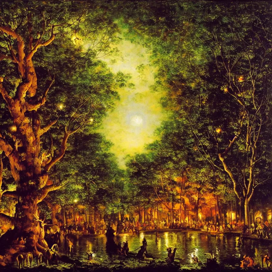 Image similar to a night carnival around a magical tree cavity, with a surreal orange moonlight and fireworks in the background, next to a lake with iridiscent water, christmas lights, folklore animals and people disguised as fantastic creatures in a magical forest by summer night, masterpiece painted by gustave courbet, mark keathley, dark night environment