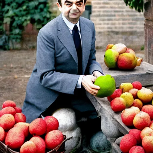 Image similar to vogue photoshoot of rowan atkinson wearing fruit