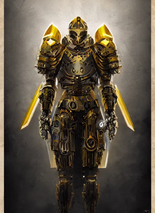 Image similar to dynamic attack position abstract portrait of a intricate glorious holy mechanical warforged character in yellow armor holding a paladin engraved great longsword drawn and carrying a big paladin shield, beam projector when eye is, face in focus, epic , trending on ArtStation, masterpiece, cinematic lighting, by Ross Tran and by Greg Rutkowski