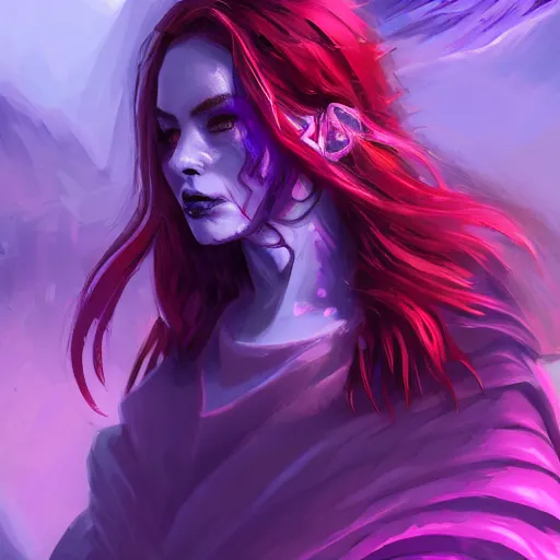 Image similar to necromancer glowing with purple magic, red hair, female, glacier landscape, D&D, fantasy, intricate, elegant, highly detailed, digital painting, artstation, concept art, matte, sharp focus, illustration, art by Ben Quilty