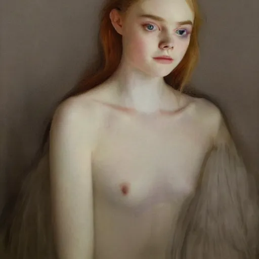 Prompt: Elle Fanning in the style of Berthe Morisot, head and shoulders portrait, stormy weather, extremely detailed masterpiece, oil on canvas, low-key neon lighting, artstation, Blade Runner 2049, Roger Deakin’s cinematography, by J. C. Leyendecker and Peter Paul Rubens and Edward Hopper and Michael Sowa,