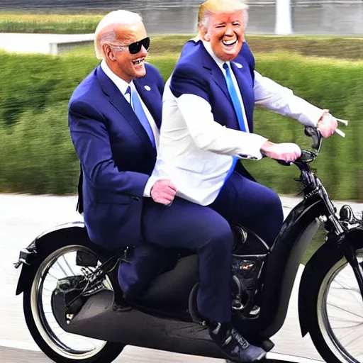 Image similar to joe biden and donald trump drunkenly riding two seater bike together, laughing and joking, photorealistic, detailed