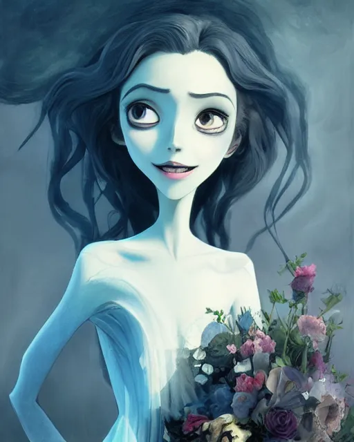 Image similar to elegant mysterious solemn desperate male victor van dort from the movie the corpse bride, portrait, illustration, the land of the death, rim light, top light, summer clear blue sky, perfectly shaded, soft painting, art by krenz cushart and wenjun lin