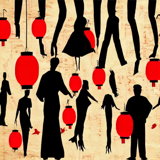 Image similar to night club, a few red chinese lanterns, people's silhouettes, minimalism, asian movies 2 0 0 0 atmosphere