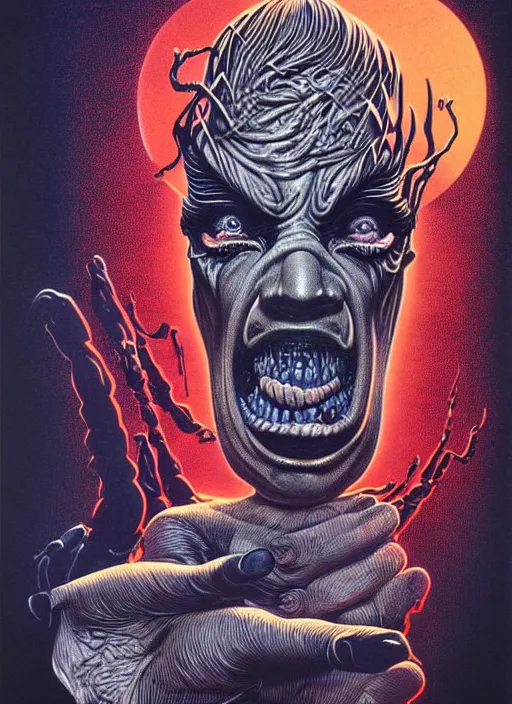 Image similar to donald trump's grotesque true form revealed, horror, high details, intricate details, by vincent di fate, artgerm julie bell beeple, 1 9 8 0 s, inking, vintage 8 0 s print, screen print