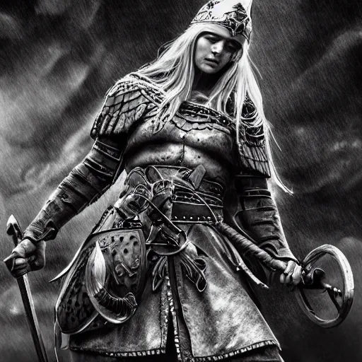 Image similar to viking, dramatic lighting, highly detailed, epic battle scene, black and white, wlop, artgerm