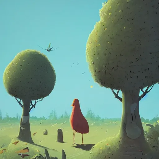 Image similar to a painting of a large bird standing next to a tree, a storybook illustration by James Gilleard, behance contest winner, environmental art, behance hd, 2d game art, reimagined by industrial light and magic