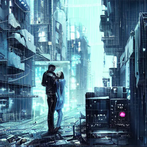 Image similar to a heartfelt unspoken love story between two robots overlooking a crumbling empty city, third person, cyberpunk, dystopia, rain, bittersweet