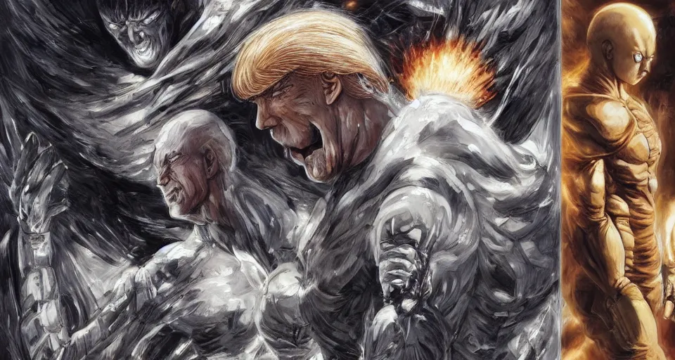 Prompt: one punch man vs donald trump by h. r. giger and greg rutkowski - elden ring