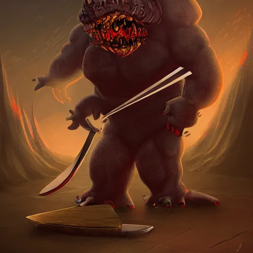 Image similar to a monstrous chef with a cleaver as a head, fantasy art. Dark background, detailed, trending on Artstation