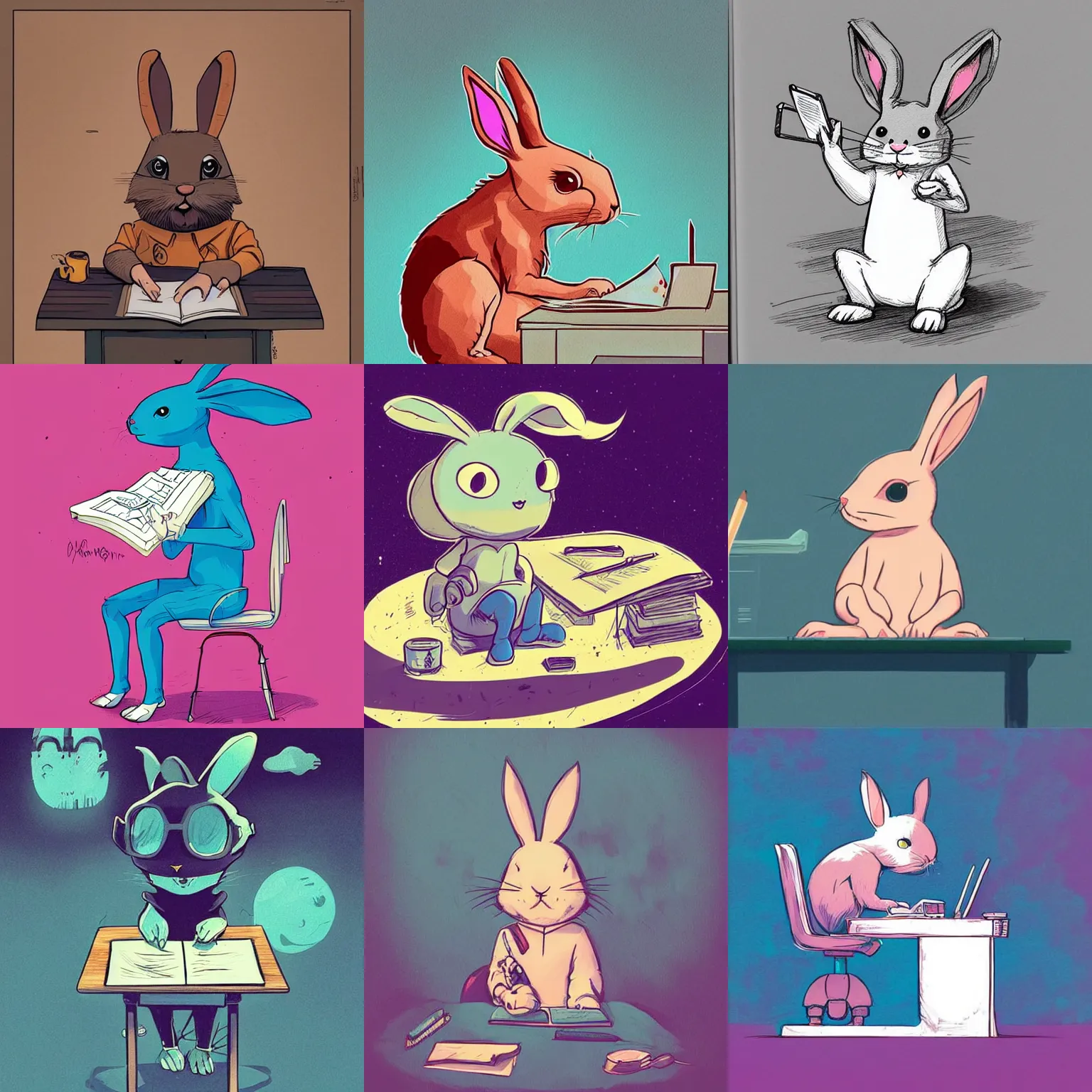 Prompt: a cute cartoon rabbit sitting at a desk writing on a notebook, concept art, llustration, post grunge, concept art by josan gonzales and wlop, by james jean, Victo ngai, David Rubín, Mike Mignola, Laurie Greasley, highly detailed, sharp focus, alien, Trending on Artstation, HQ, deviantart, art by artgerm