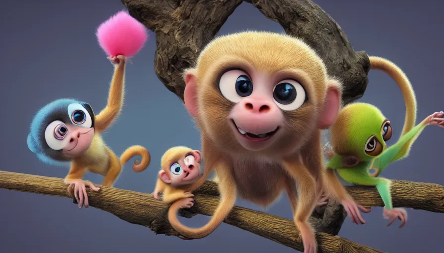 Prompt: very very very cute baby monkeys by Max Kostenko and Bobby Chiu, disney, pixar, MPC, Framestore, character design for animation, uplight, a lineup of characters, big disney eyes, symmetrical eyes, cuteness, 3d render, octane rendered, rendered by maya and houdini, highly detailed, unreal engine, Trending on Artstation, octane render, 4k, 8k, HD