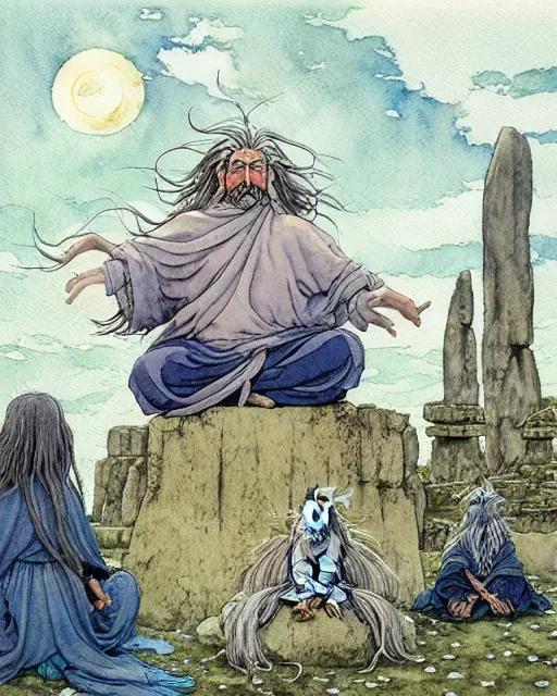 Prompt: a hyperrealist studio ghibli watercolor fantasy concept art of a giant long haired grey witch in lotus position sitting on top of stonehenge with a starry sky in the background. a group of tiny monks are prostrating them themselves. by rebecca guay, michael kaluta, charles vess