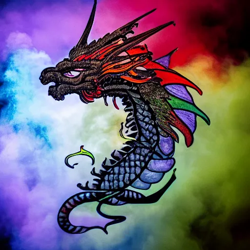 Image similar to multi color smoke, one smoke is the shape of a small ( outstretched ribbed wings and head of an ancient dragon ), billowy, hdr, 8 k, 4 k