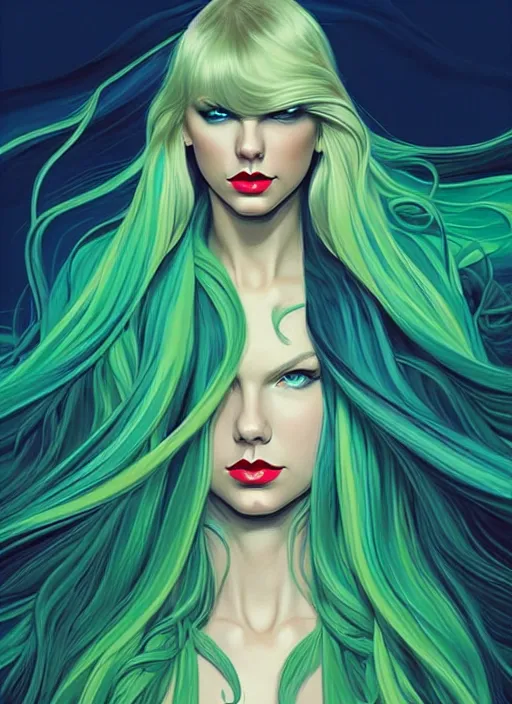 Image similar to style artgerm, joshua middleton, taylor swift with green dress, very long blue hair, swirling, symmetrical face, symmetrical eyes, lovecraftian western gunslinger, cinematic lighting