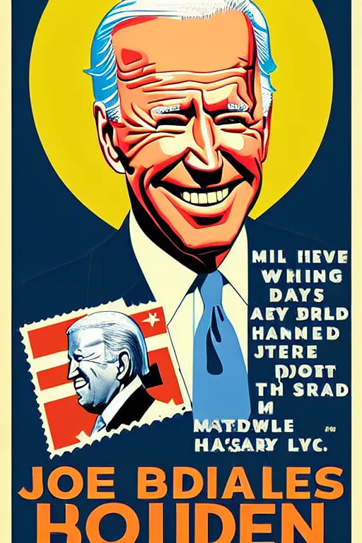 Image similar to joe biden!!!!! propaganda poster by harry ryle hopps!!!!!!!! smile, creepy!!, donald trump shitting his pants, joe biden smug face!!!! poop!!! ww 2 poster,, iconic, masterpiece, ornate and detailed, propaganda, award winning