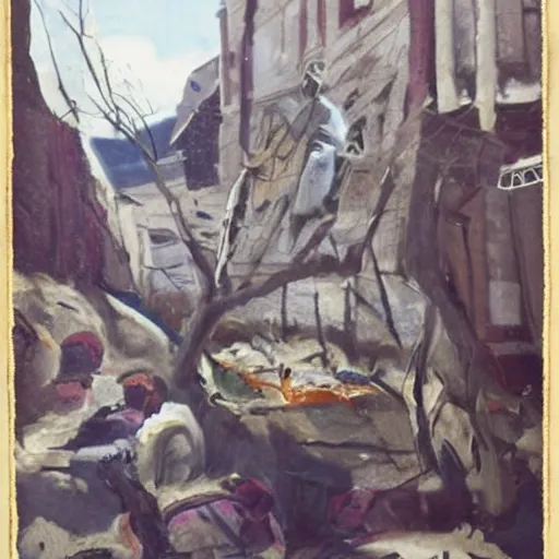 Image similar to painting of a man on a horse in a Dublin alleyway, painted by George Bellows, 1905