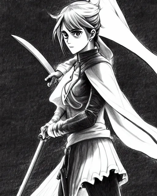 Prompt: a very detailed pencil drawing of emma watson in demon slayer manga panel, action lines, on rooftop, back light, sword slash, high resolution, dynamic pose, landscape, full body, action, sword, hyper realistic, manga, koyoharu gotouge, sakuga