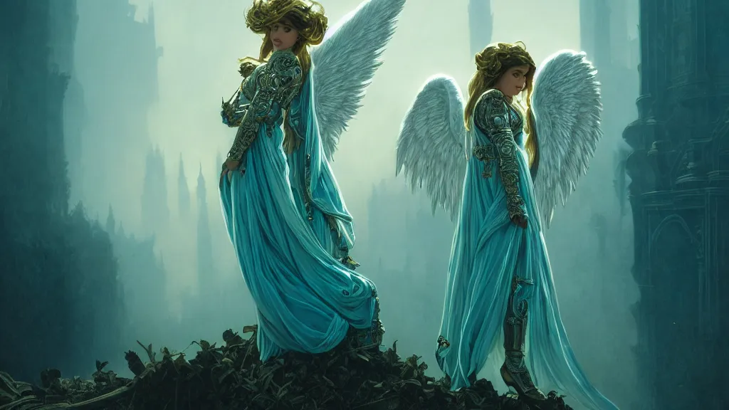 Image similar to angel, big wings, low key light, full plate armor with cloth, f 1 6, bokeh, medium portrait, gentle, female, ornate city ruins, landscape, d & d, fantasy, intricate, elegant, highly detailed, teal white gold color palette, roger deakins, sharp focus, greg rutkowski and alphonse mucha