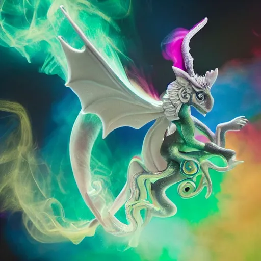 Prompt: multi color smoke with the small outstretched ribbed wings and head of a fairytale dragon, billowy smoke, 8 k, 4 k