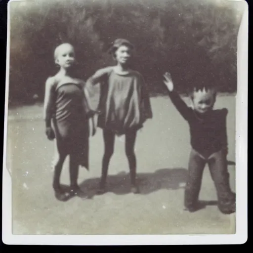 Image similar to really old polaroid photograph of horrorific extraterrestrial beings visiting earth,