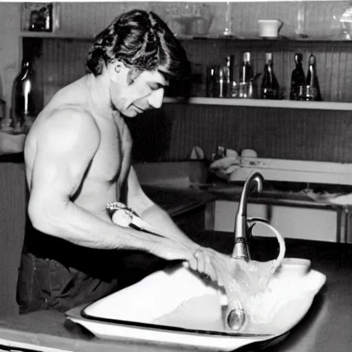 Prompt: young Luciano Ligabue using a dishwater