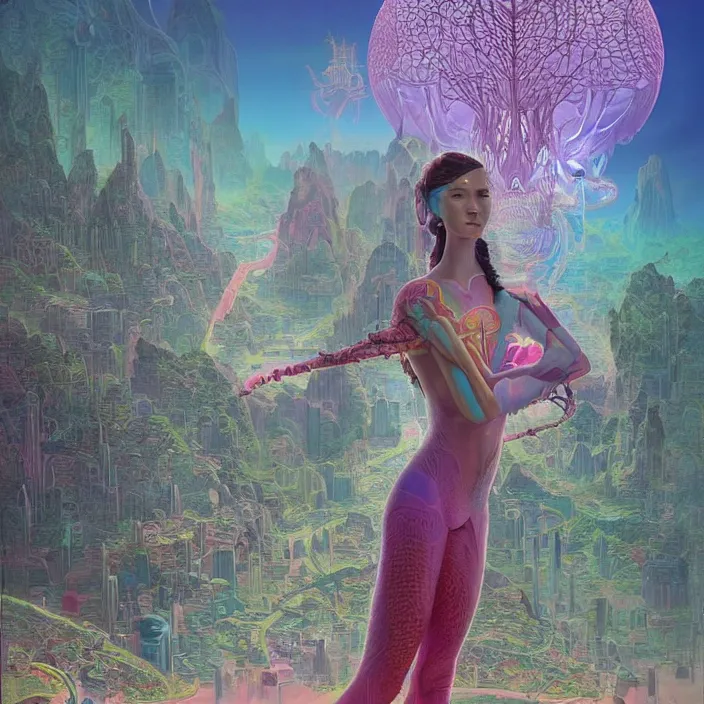 Prompt: thai princess, science fiction, extremely detailed, sharp focus, pastel colors, intricate, beautiful, illustration, volumetric lighting, digital painting, by roger dean, by simon stalenhag, by alex grey