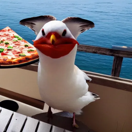 Prompt: pizza delivered by seagull