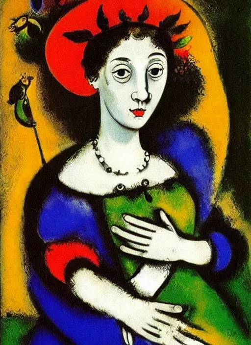 Image similar to portrait of young woman in renaissance dress and renaissance headdress, art by marc chagall