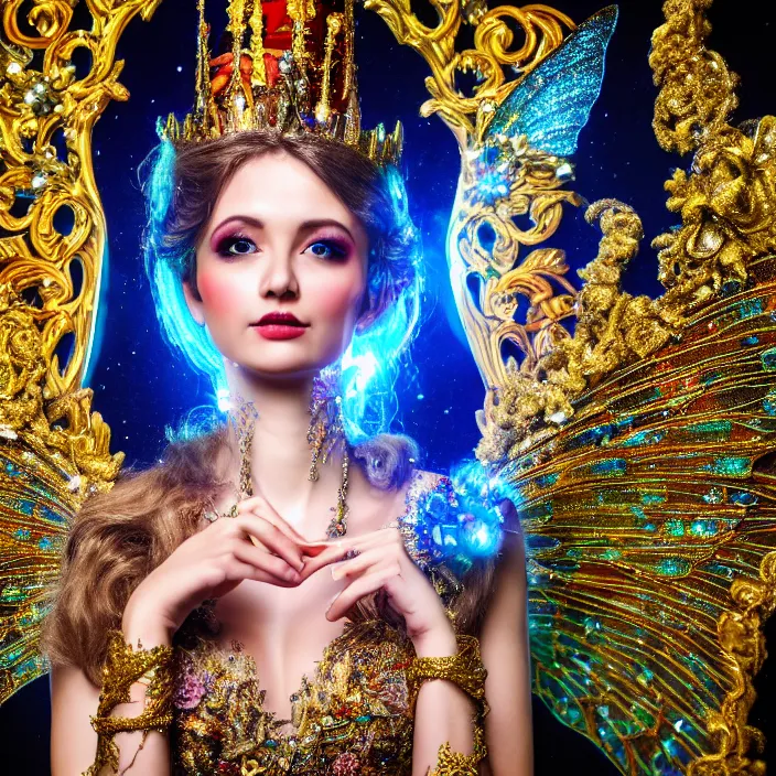 Image similar to full body photo of a very beautiful!! fairy queen with ornate sparkling robes, highly detailed, 4 k, hdr, smooth, sharp focus, high resolution, award - winning photo