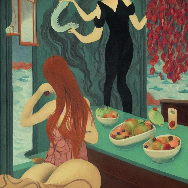 Image similar to tall female catgirl artist holding vegetables in her flooded kitchen, pomegranates, octopus, water gushing from ceiling, painting of flood waters inside an artist's apartment, a river flooding indoors, candles, ikebana, zen, rapids, waterfall, black swans, canoe, berries, acrylic on canvas, surrealist, by magritte and monet