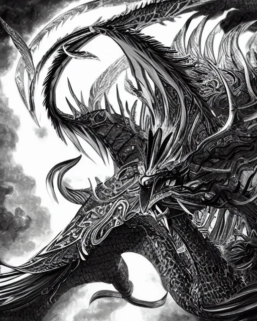 Image similar to A phoenix, black and white, epic, highly detailed, close-up, fantasy art, dragon art, in the style of masami kurumada, illustration, epic, fantasy, intricate, hyper detailed, artstation, concept art, smooth, sharp focus, ray tracing