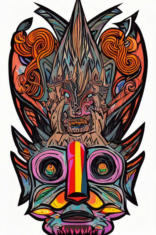 Image similar to animal mask totem roots flower tribal feather gemstone plant wood rock shaman vodoo video game vector cutout illustration vivid multicolor borderlands comics by josan gonzales and dan mumford radiating a glowing aura