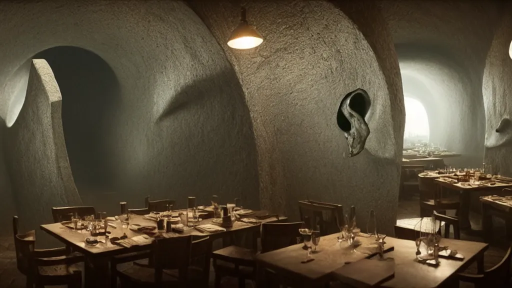 Prompt: the giant nose in the restaurant, made of water, film still from the movie directed by Denis Villeneuve with art direction by Zdzisław Beksiński, wide lens