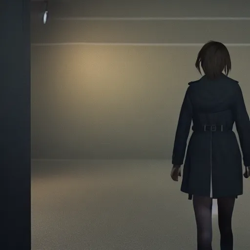 Prompt: max caulfield wearing a trench coat walking through a dark square, realistic, cinematic, unreal engine 5, light effect