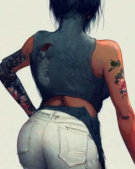 Image similar to a ultradetailed beautiful back painting of a stylish woman with white hair in a short pony tail, she is wearing jeans, by conrad roset, greg rutkowski and makoto shinkai trending on artstation